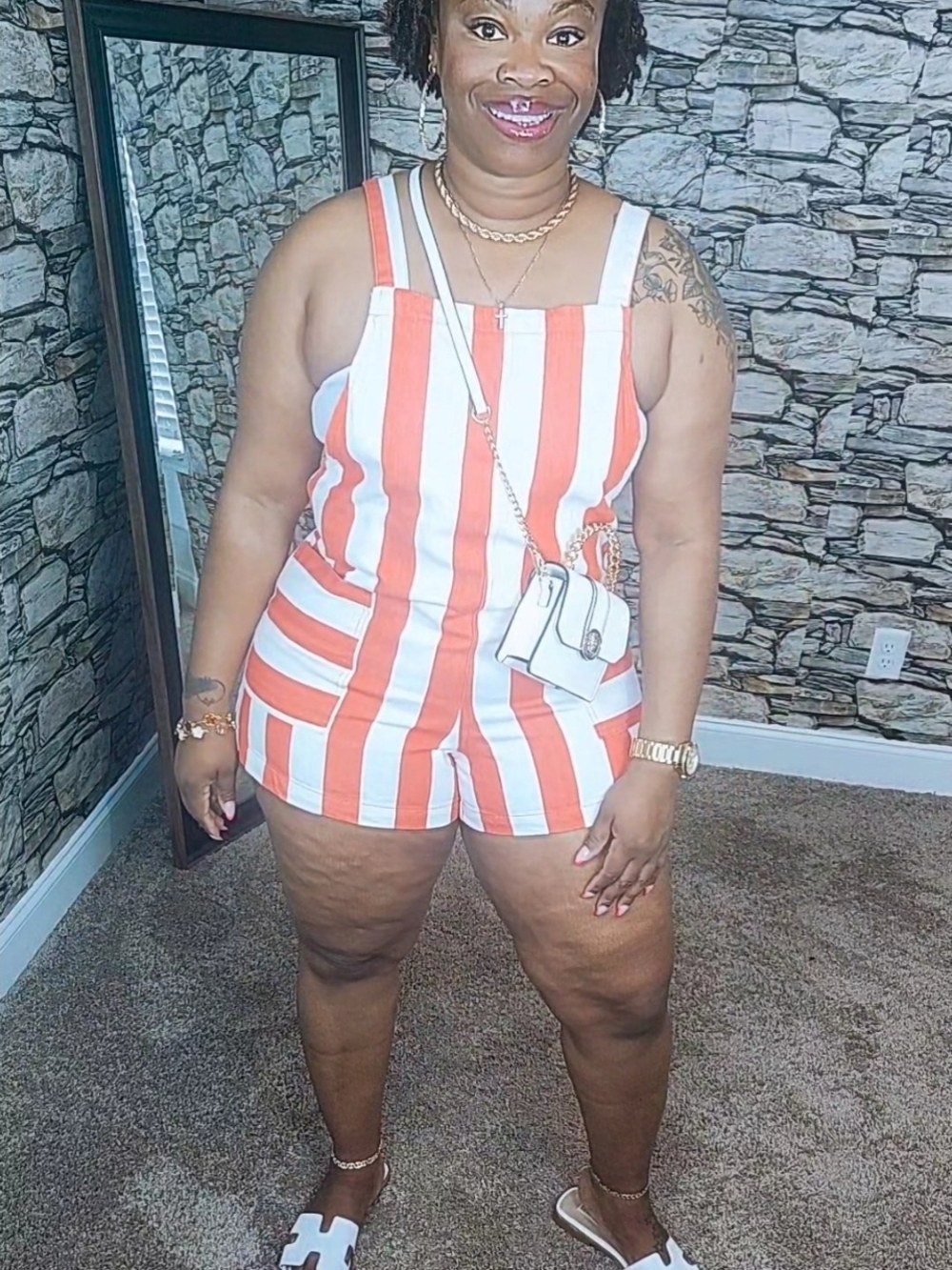 Striped Orange and White Sleeveless Romper